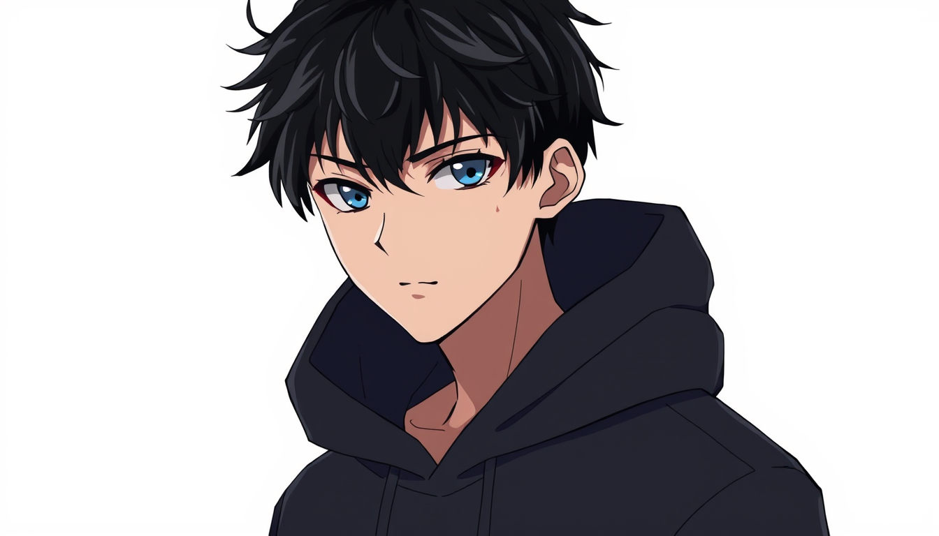 Characters idea: an original character defined by silhouette, role, outfit, palette, and expression, deliberate composition, 17-year-old anime boy, messy black hair, b