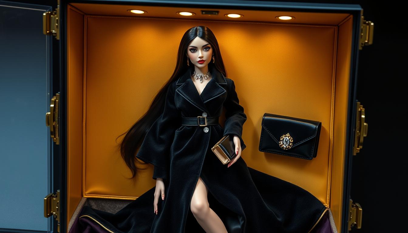 Main art studio: A hyper-realistic premium fashion doll with flawless porcelain skin, long black silky hair, elegant makeup, wearing a black velvet blazer dress with a