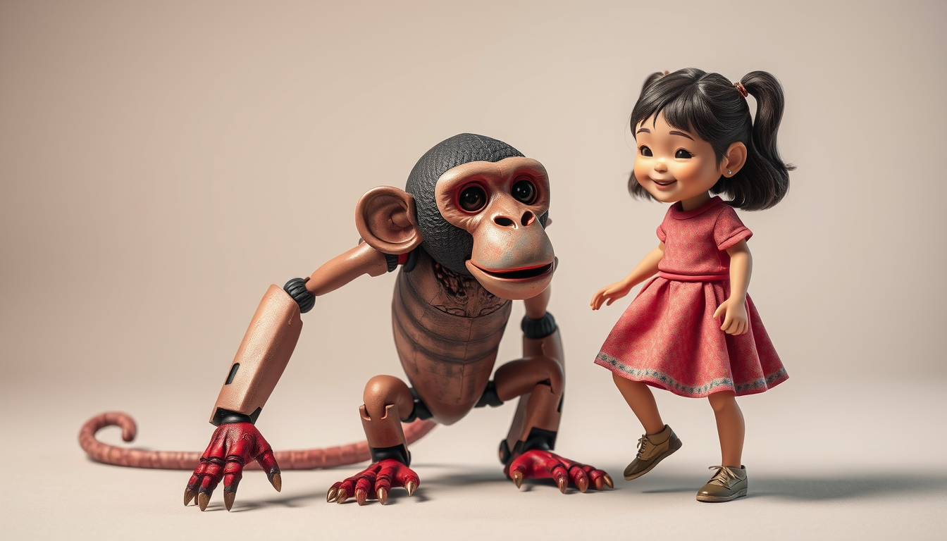 Main art studio: make that the robotic monkey is dead and the girl is standing with one leg on him and is smiling the monkey is dead