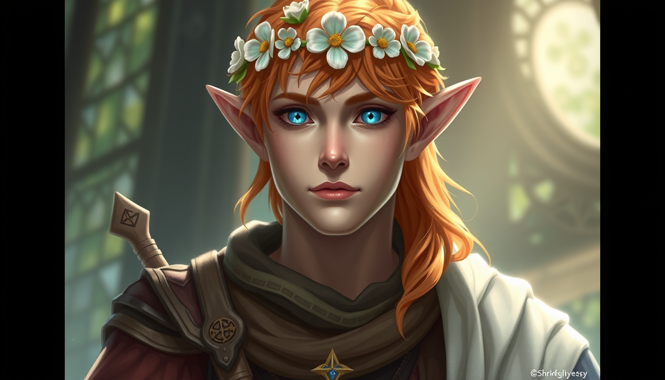 AI Art prompt example created from the prompt: A kind and charismatic elven cleric, serving as a squadron lieutenant. Copper-colored hair, bright blue eyes, and a flower crown give him th