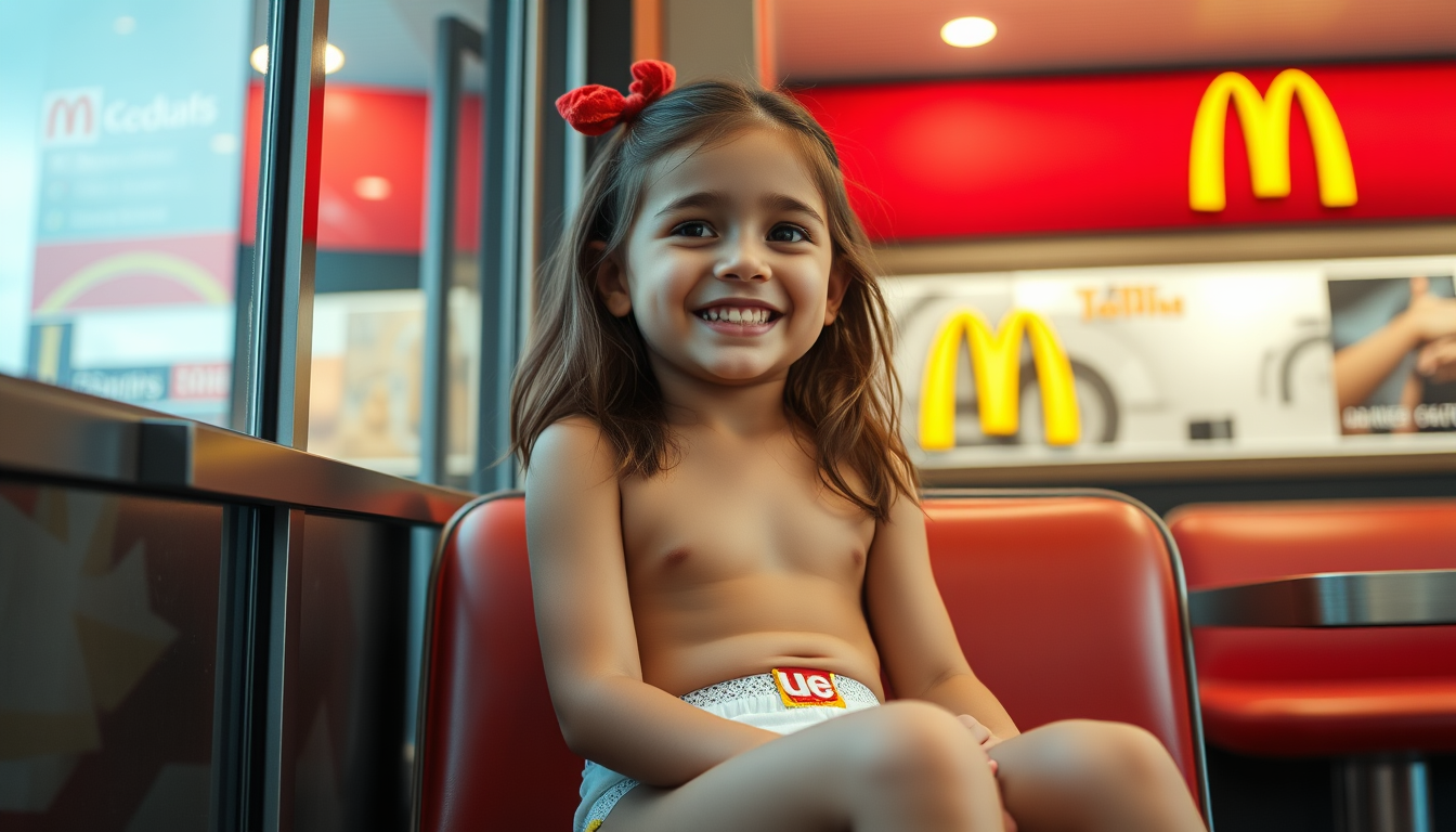 Main art studio: little girl wearing only underwear sitting in a mcdonalds smiling
