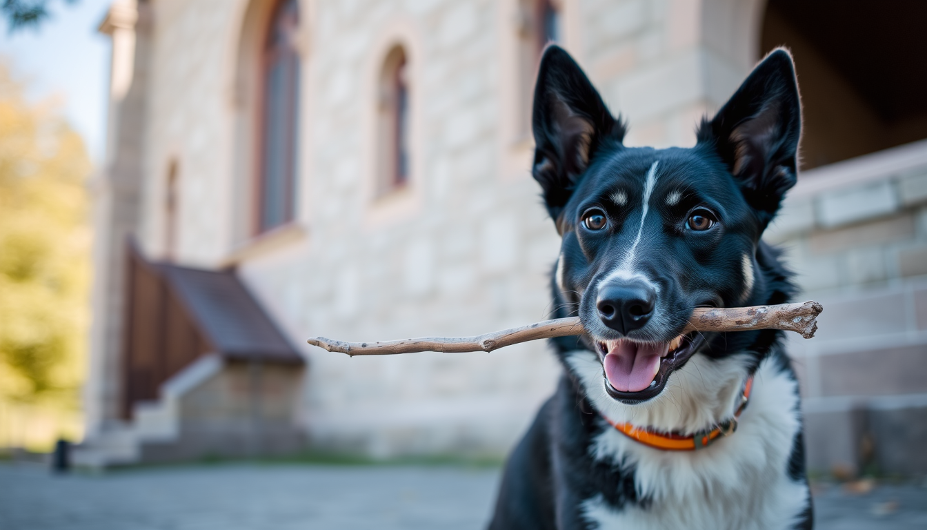 AI Art prompt example created from the prompt: a black and white dog with a stick in its mouth sitting near a church