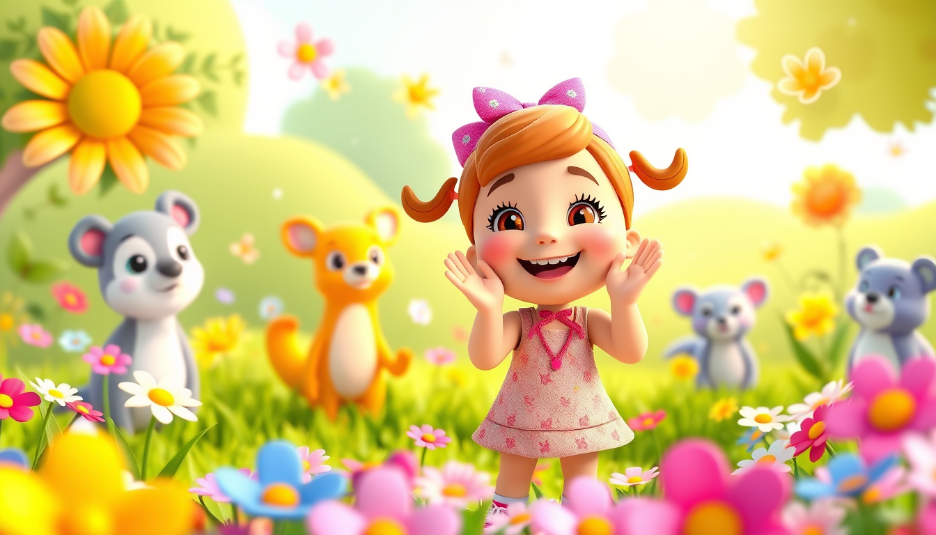 Main art studio: Tina standing in a colorful meadow, happily clapping her little hands to the rhythm of cheerful music. Cute animal friends in the background also clap