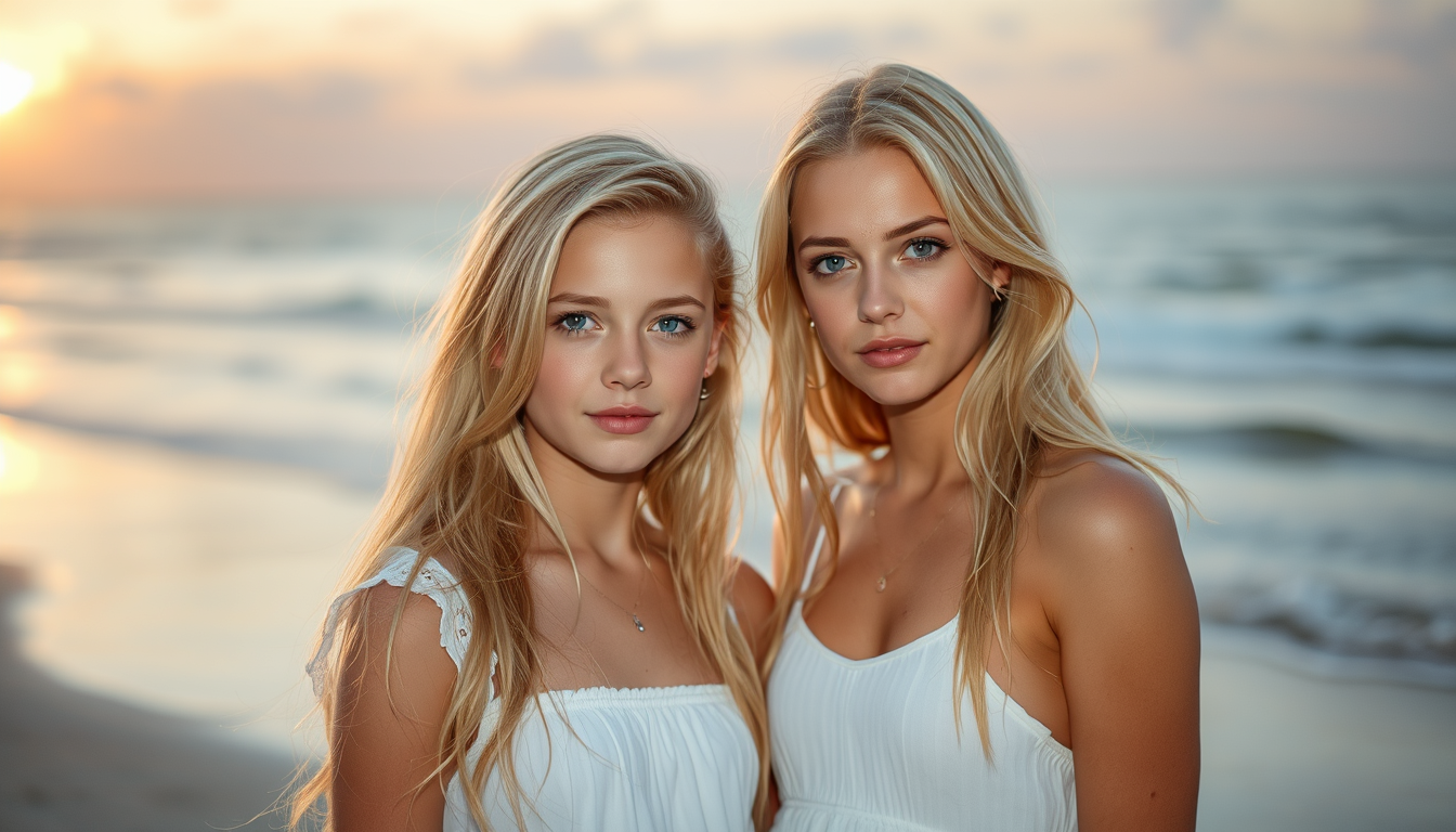 Main art studio: Erstelle ein Bild von einem ca. 16 Jahre alten Mädchen mit blonden langen fast goldenen Haaren die offen sind und und geordnet blau-grauen Augen am St
