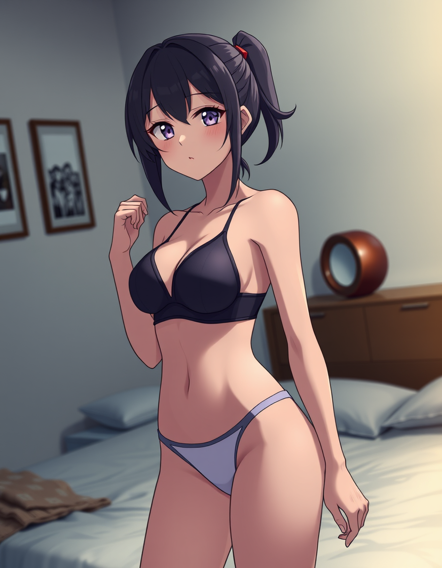 Anime Characters idea: an anime character with a legible silhouette, controlled costume language, and expressive face, deliberate composition, 23 year old girl in bedroom we