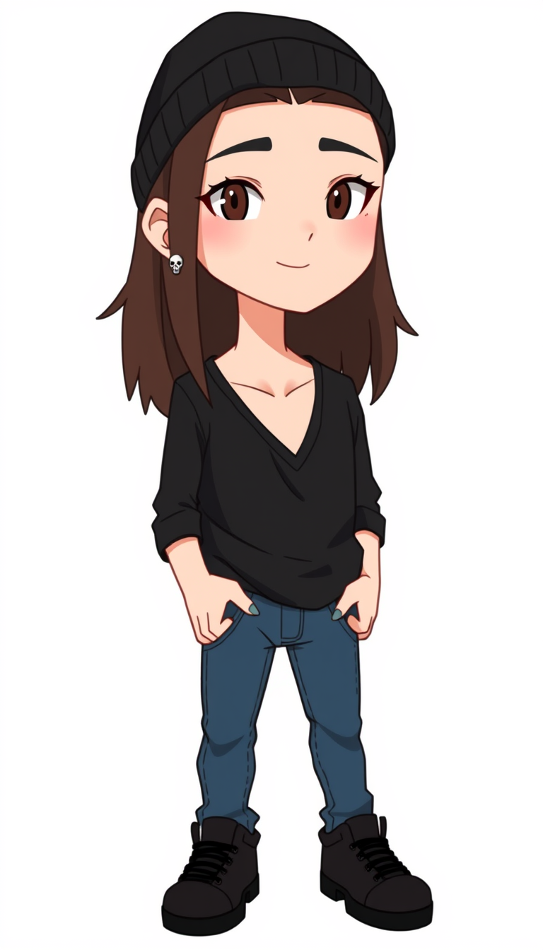 VTuber idea: vtuber avatar character, anime style, expressive face, streaming-ready design, male character, slightly feminine. dark brown hair, black shirt with a