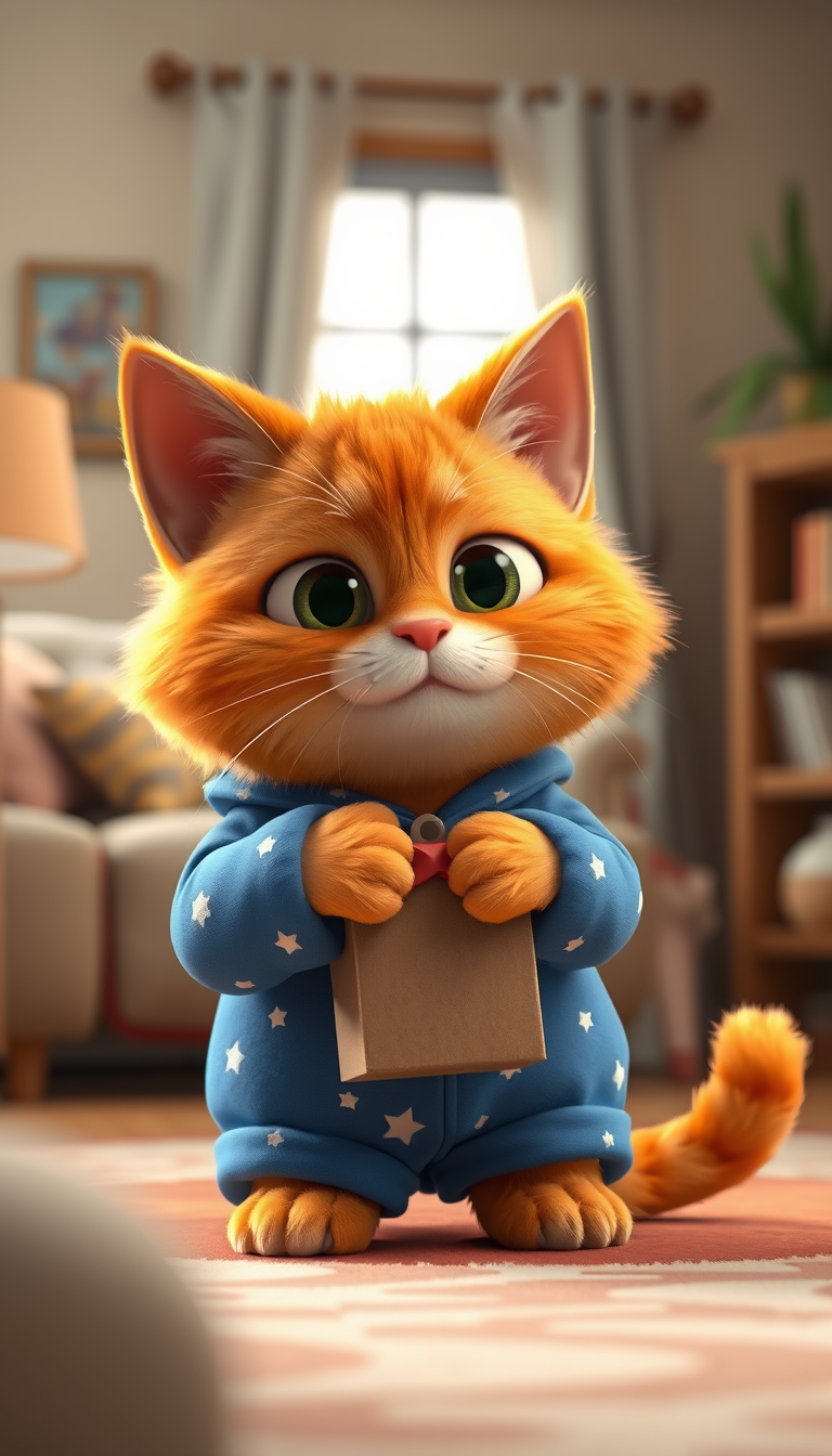 Main art studio: The exact same orange cat character from my original reference image. Chubby body, fluffy orange fur, large expressive eyes, short paws, blue pajamas 