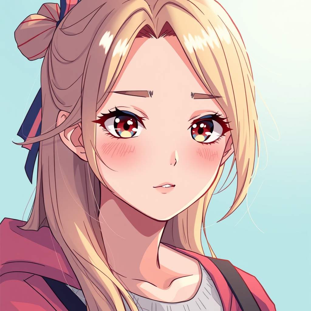 Anime idea: anime style, vibrant colors, expressive eyes, Молодая женщина 25 лет в полный рост , блондинка с длинными светлыми волосами в высоком хвосте, голубые 