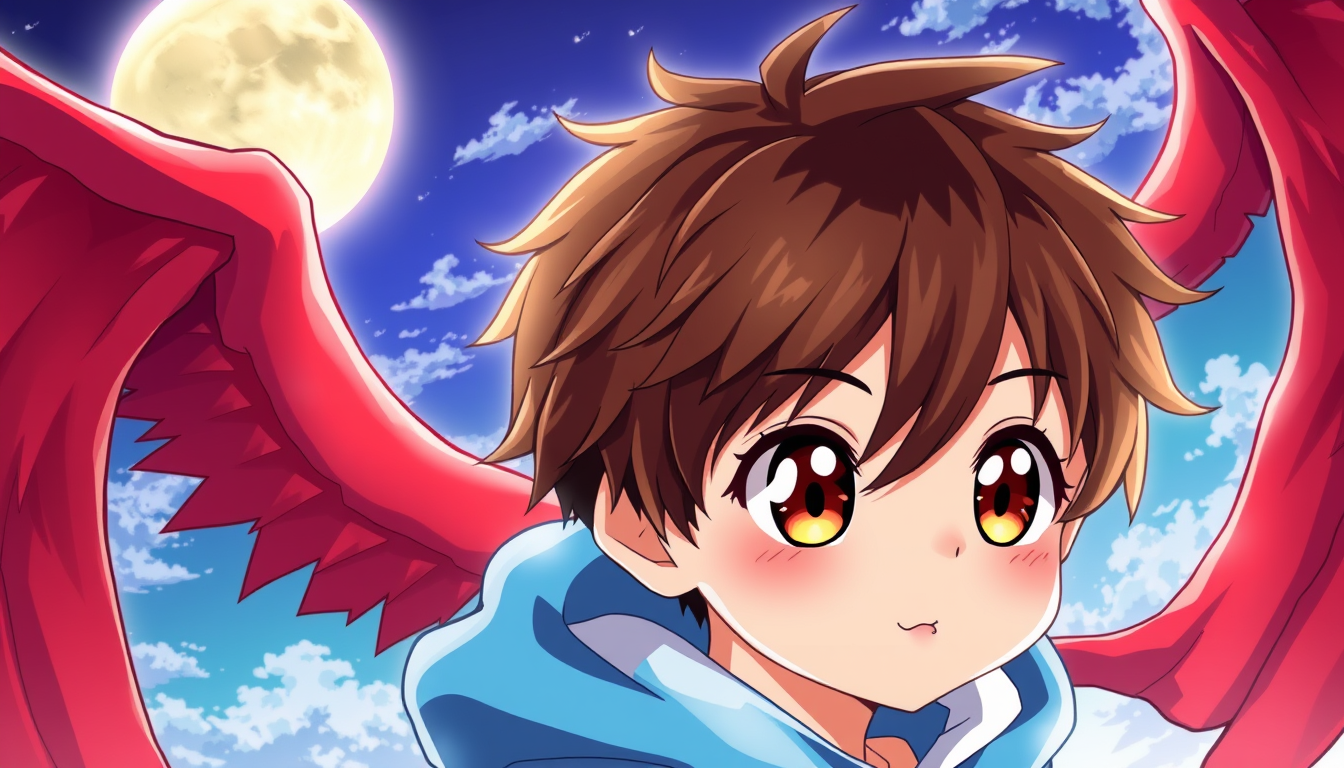 Anime idea: anime style, vibrant colors, expressive eyes, Cute anime boy with big eyes, brown hair, blue hoodie, huge red wings, full moon, colorful anime digital
