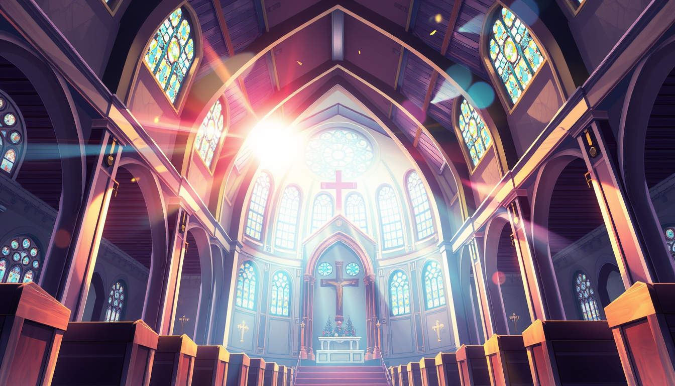 Anime idea: anime style, vibrant colors, expressive eyes, Close angle Inside of the holy church where sunshine , detailed anime illustration