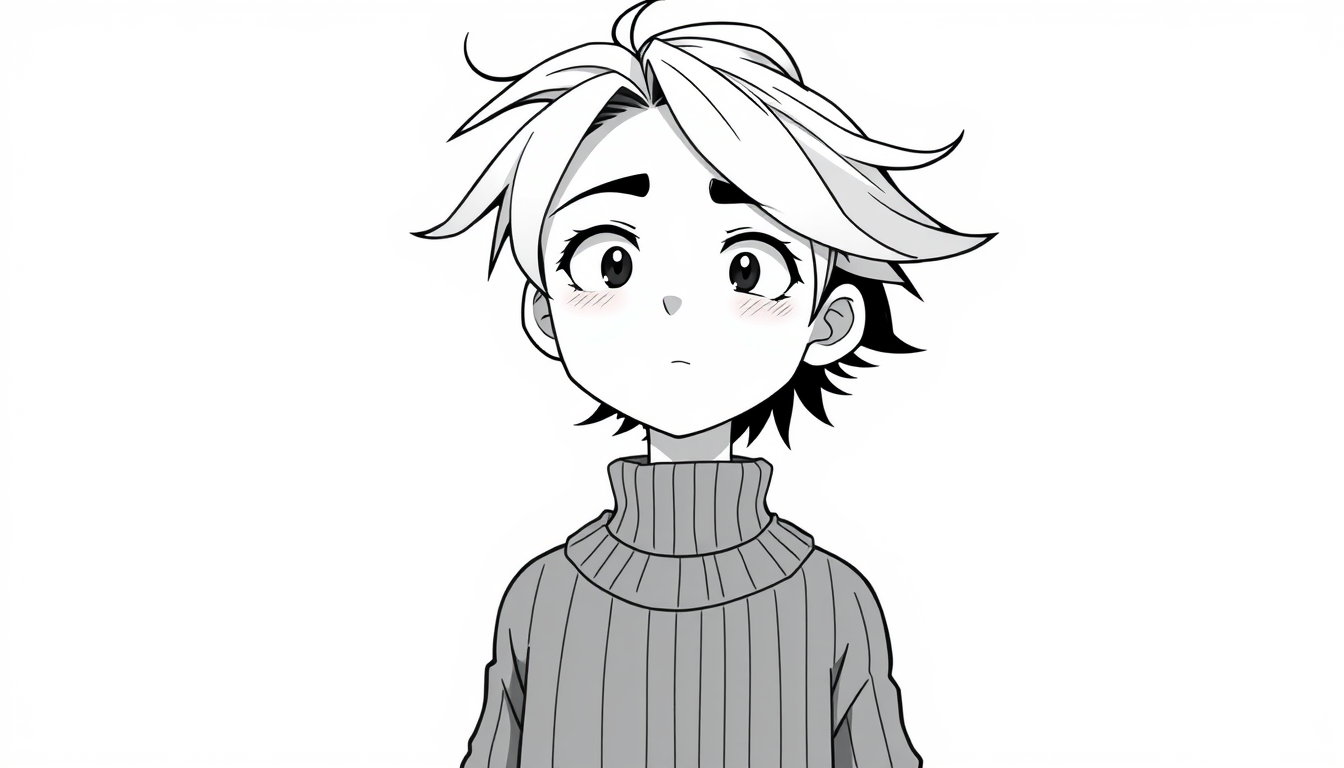 VTuber idea: vtuber avatar character, anime style, expressive face, streaming-ready design, A man wearing a sweater is standing half-way, with a flat face and wind