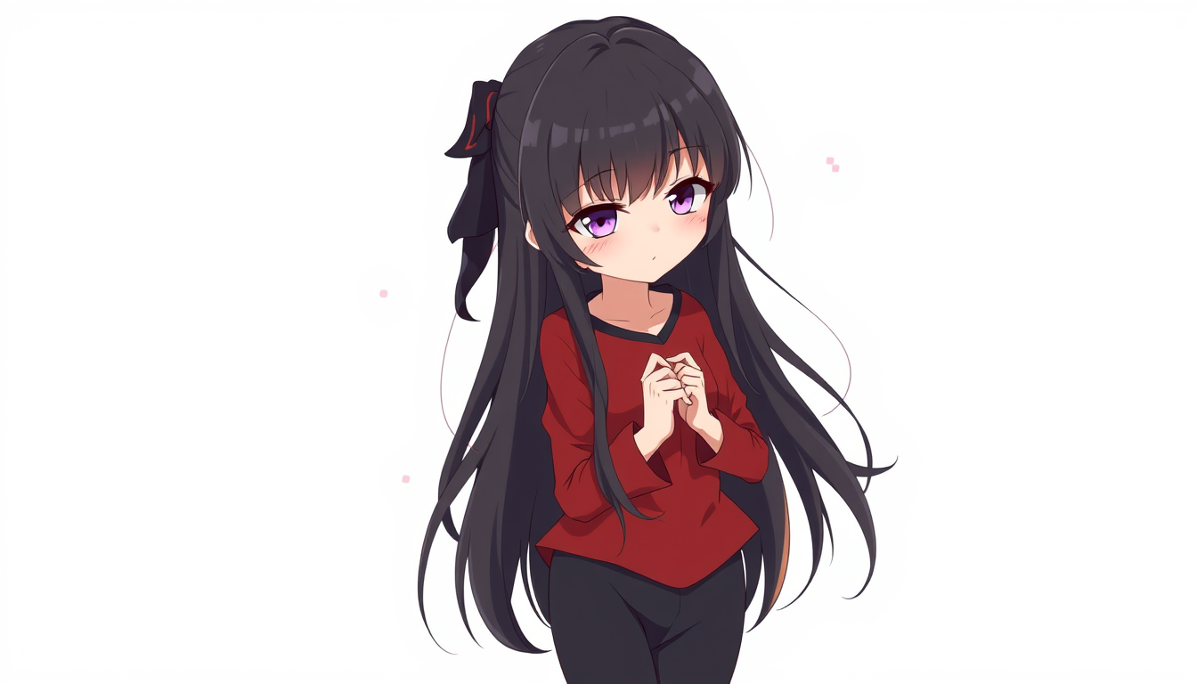 Main art studio: anime girl, shy and reserved expression, slightly blushing, avoiding eye contact, long black hair with subtle brown gradient at the tips, violet eyes,