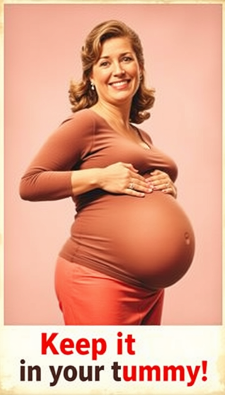 Main art studio: A propaganda style poster showing an overdue pregnant woman with the phrase "Keep it in your tummy". The picture emphasises both the size of her belly