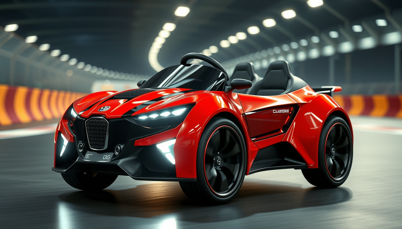 AI Art prompt example created from the prompt: Ein extrem cooles, futuristisches Bobby-Car für Kinder, sportliches Design wie ein kleiner Rennwagen, glänzend rote Lackierung, schwarze Ren
