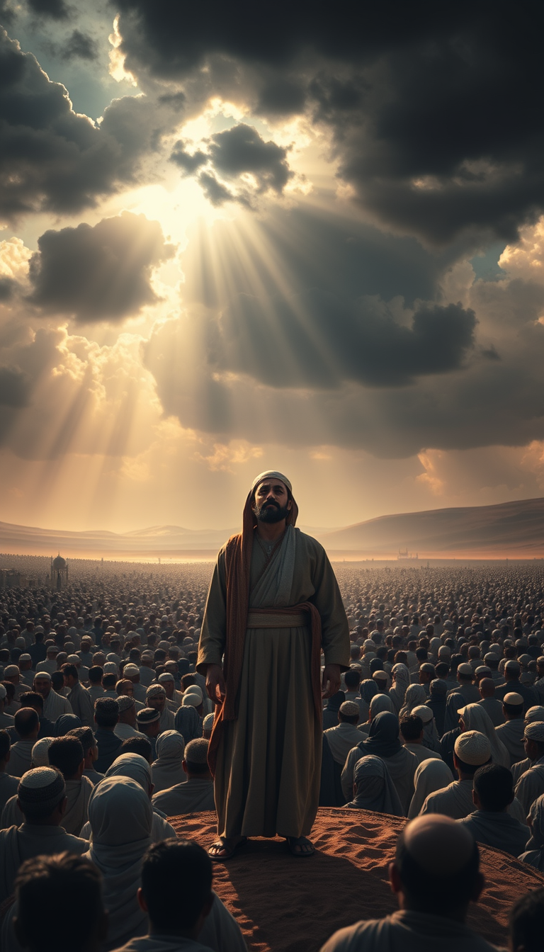 Main art studio: Cinematic Islamic scene of the Day of Judgment. A just ruler stands humbly among countless people on a vast desert plain, wearing simple modest clothe