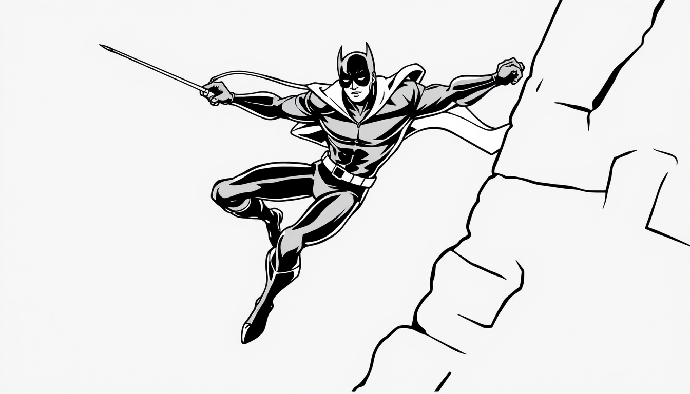 Main art studio: dardevil swingin heroically in a European comic book illustration, full body, clean precise black contour lines of consistent thickness, minimalistic,