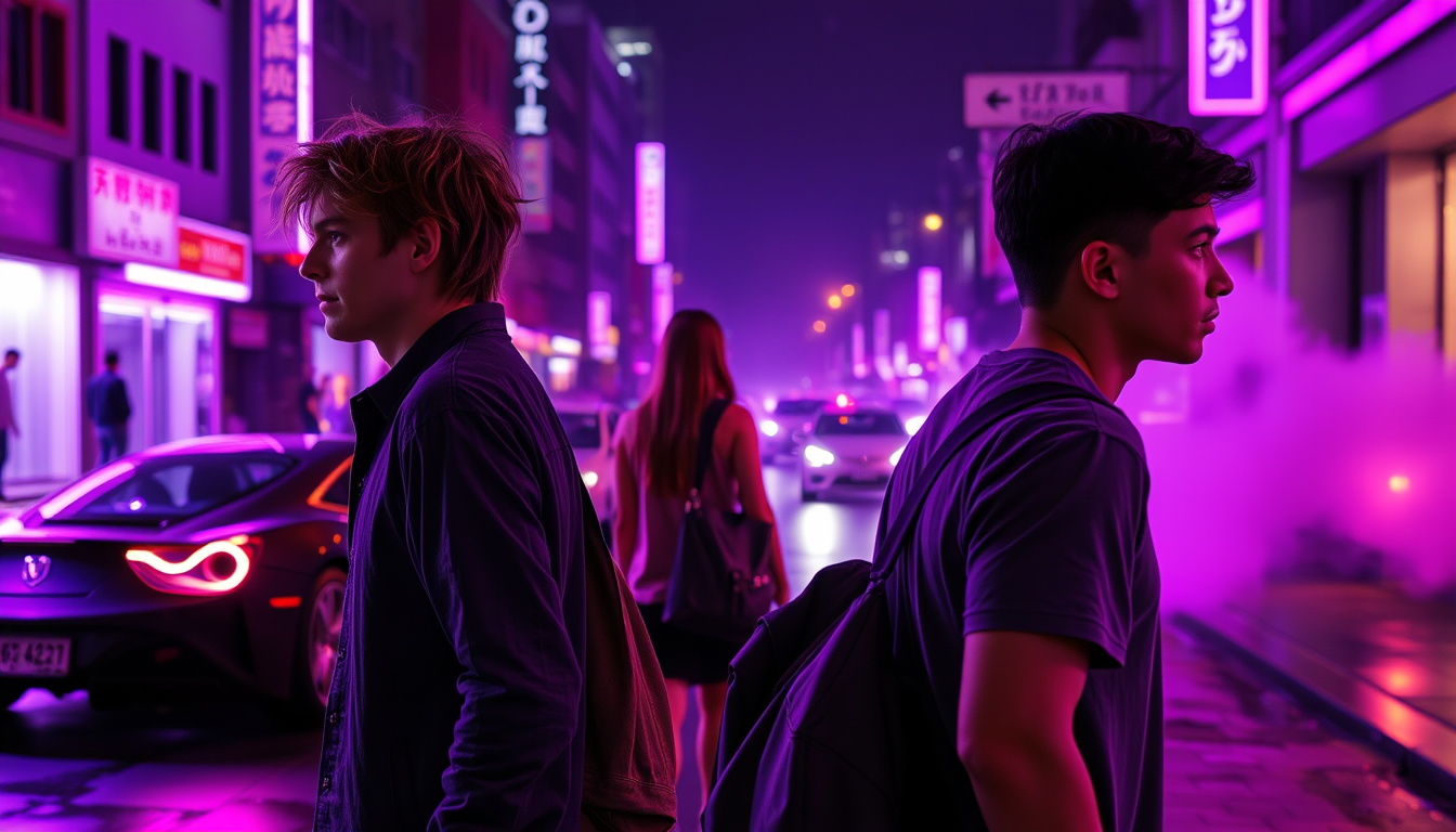 Main art studio: 16:9 realistic album cover, purple neon city at night. Two separate groups passing each other. On the far left, one young white man with messy loose w