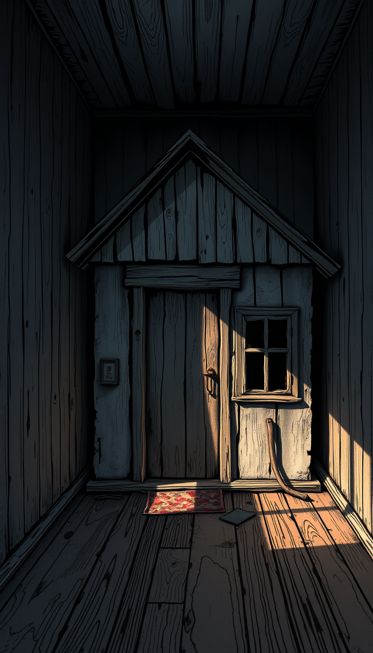 Realistic Images idea: photorealistic generated image, natural materials and skin texture, physically plausible lighting, 1. Comic book style, a tiny old wooden house with p