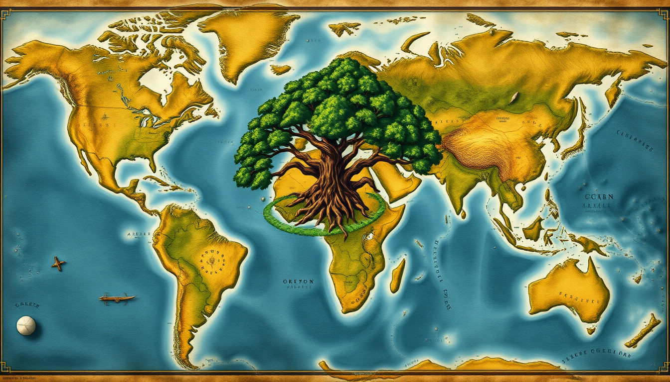 Fantasy Maps idea: a readable fictional world map with coherent coastlines, terrain regions, routes, and landmarks, deliberate composition, a fantasy world map for D&D (
