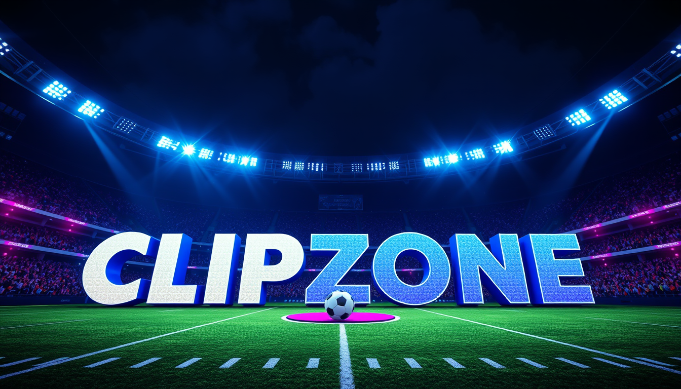 Main art studio: Epic ClipZone channel cover, football, funny clips, entertainment, glowing stadium, neon blue and purple lights, energetic style, big 3D “CLIPZONE” te
