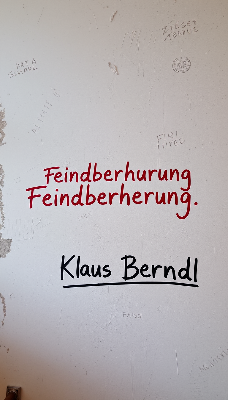 Main art studio: Eine helle alte Wand mit rissigem Putz, mit Schimmeln und Flechten, was wie eine Landkarte aussieht. In dünnen krakeligen roten Buchstaben steht "Fein