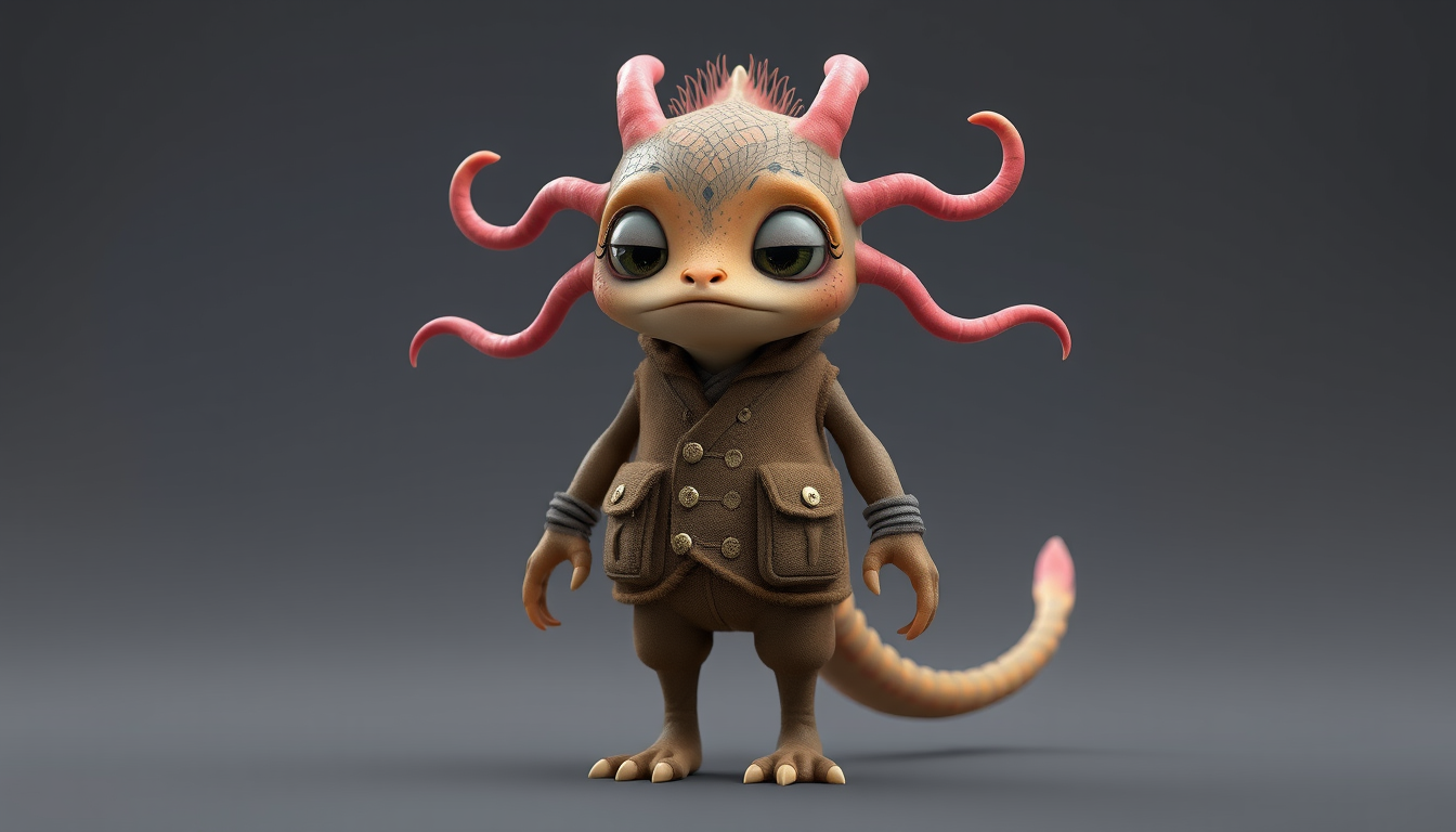 Main art studio: Create Khormak, a cute strange humanoid fantasy creature. Same height and proportions as Fandogh, with two arms, two legs and a soft round belly. Larg