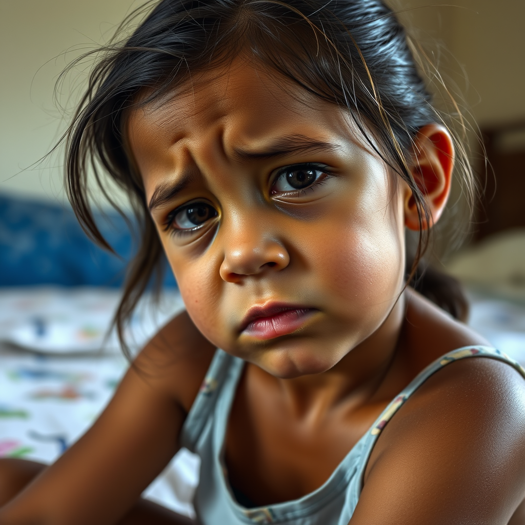 Main art studio: dark tanned 10 year old with girl dark brown hair sitting in a bedroom, head tilted down, very wrinkly, lots of wrinkles, wrinkled nose