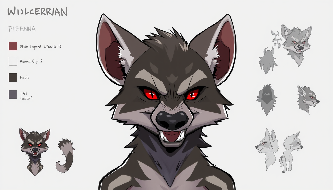 Fursona idea created from the prompt: fursona character, anthropomorphic animal design, expressive personality, reference sheet style, piebald striped hyena with red eyes and tee
