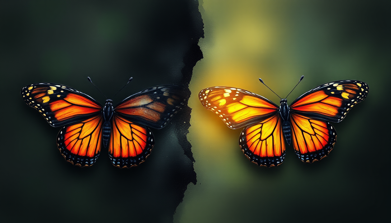 Main art studio: Butterflies where one half is dark and the other half is light, relatively realistic; I need it for an art cover page. Should be drawn