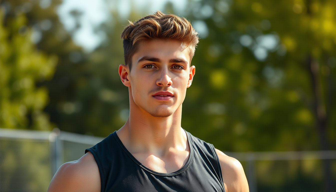 Main art studio: A handsome young track and field athlete, full body portrait, summer training outdoors, natural sunlight, realistic photography, sharp facial features