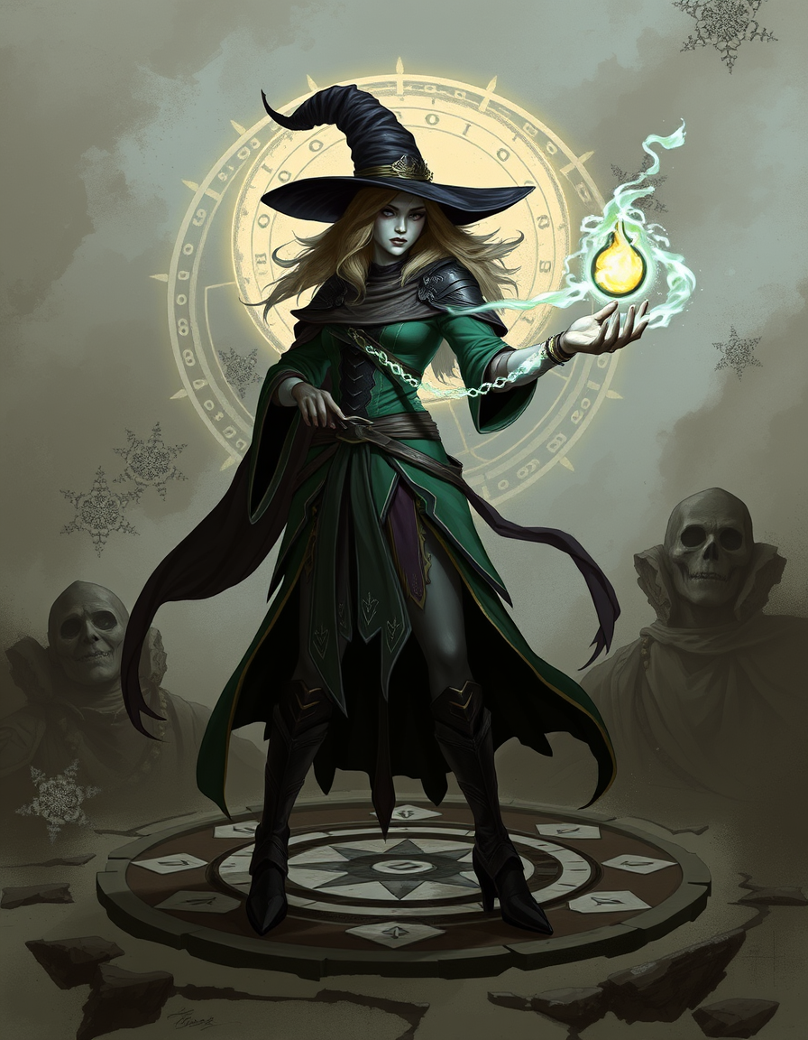 Fantasy Character idea created from the prompt: original fantasy character design, strong readable silhouette, coherent costume and materials, enchantress casting spell within a rune circl