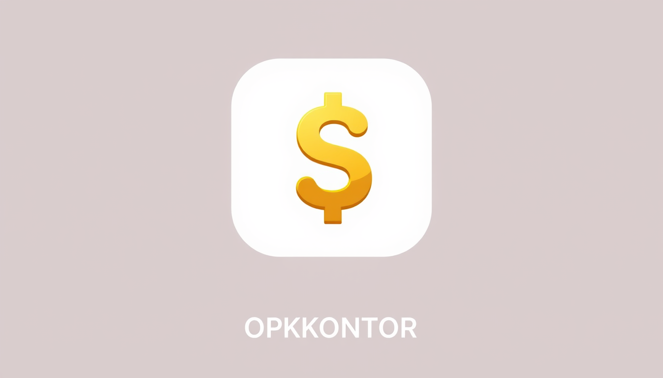 Icon idea: app icon, clean minimal symbol, bold simple shape, flat design, A golden Dollar sign and the words OPKONTOR below , crisp icon on solid background