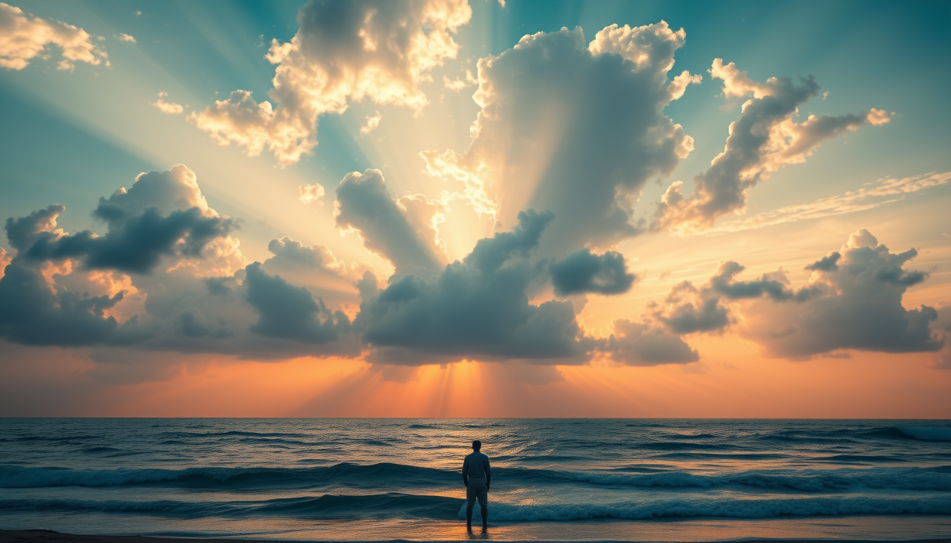 Main art studio: Cinematic Islamic landscape showing a vast ocean meeting a majestic sky at sunrise. A lone person stands quietly beside the shore, contemplating the e