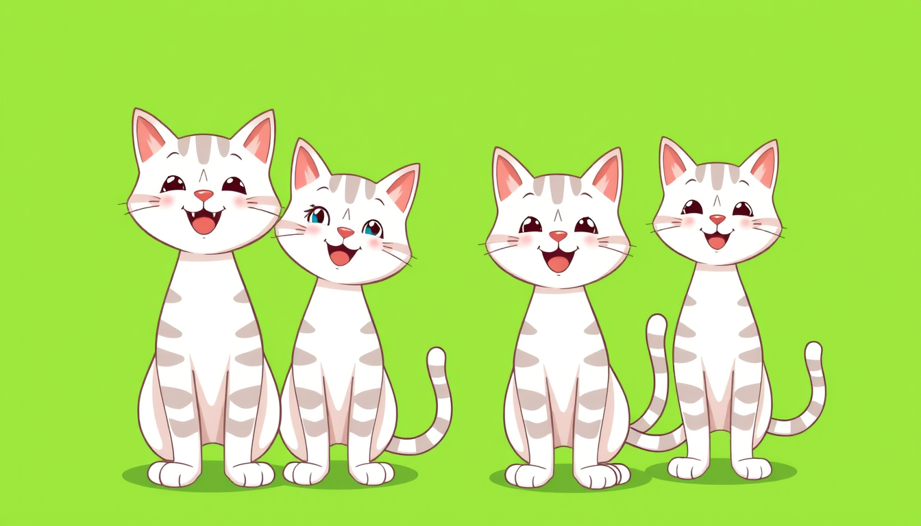 Main art studio: Four identical cute white cartoon cats with light gray stripes. Same character, same size, same proportions, same head and body. Standing naturally on