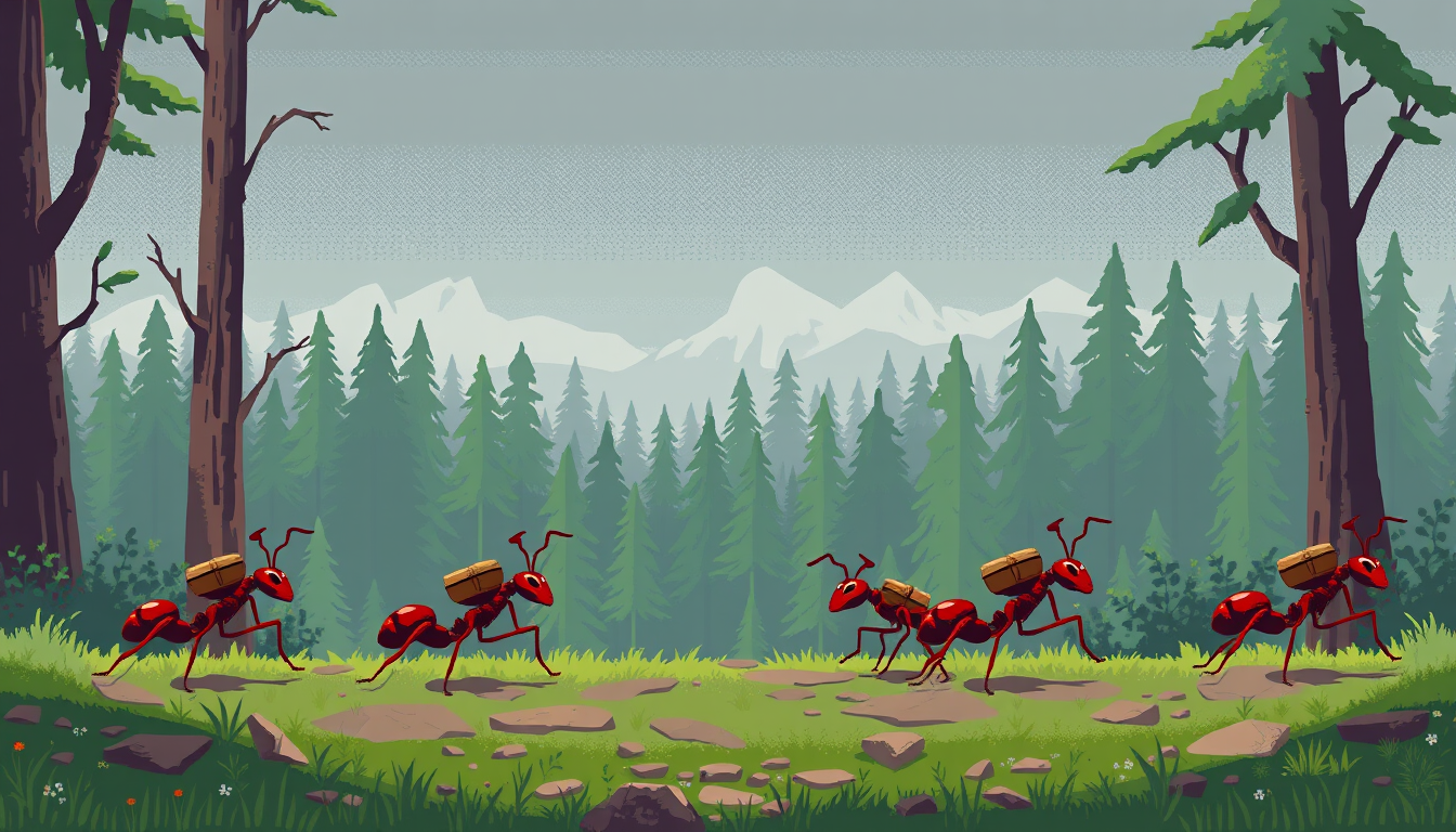 Main art studio: pixelart. group of backpacking ants marching, following a leading ant in front pointing to a forest in the distance