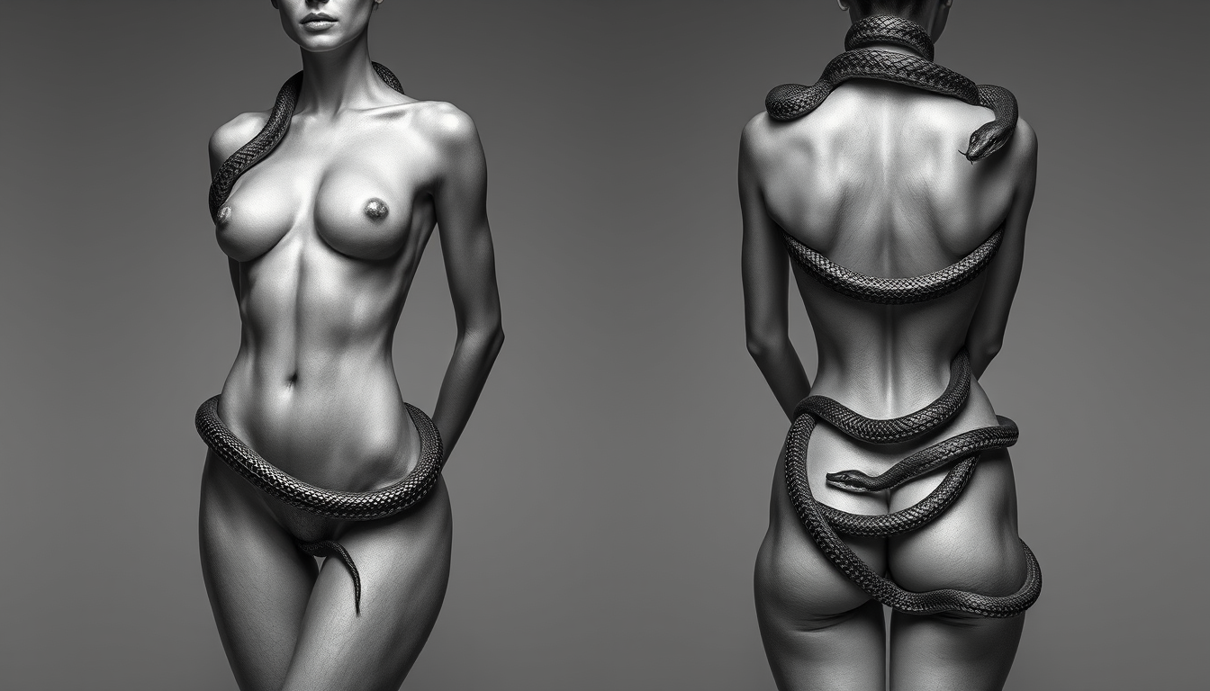 Main art studio: Hyper-realistic black-and-gray body art on a female figure, front and back views. Five realistic 1-inch-thick snakes coil naturally across the entire 