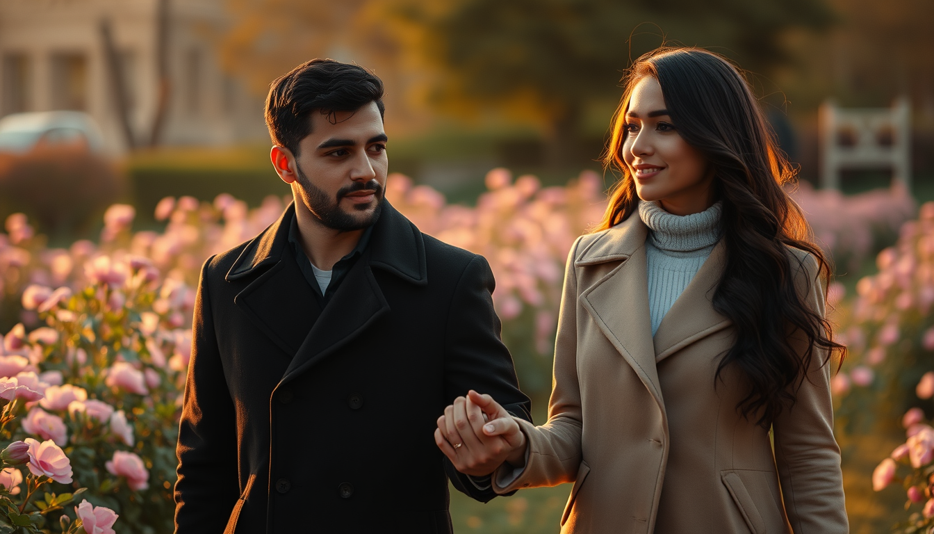 Main art studio: Cinematic realistic photograph of a handsome Egyptian man in his early 30s with short dark hair wearing a black coat, and a beautiful Egyptian woman i