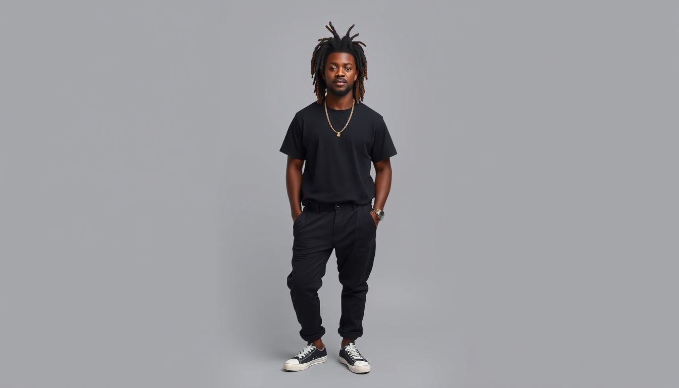 Characters idea: an original character defined by silhouette, role, outfit, palette, and expression, deliberate composition, Black male, lil stomach, not fat, dreads,
