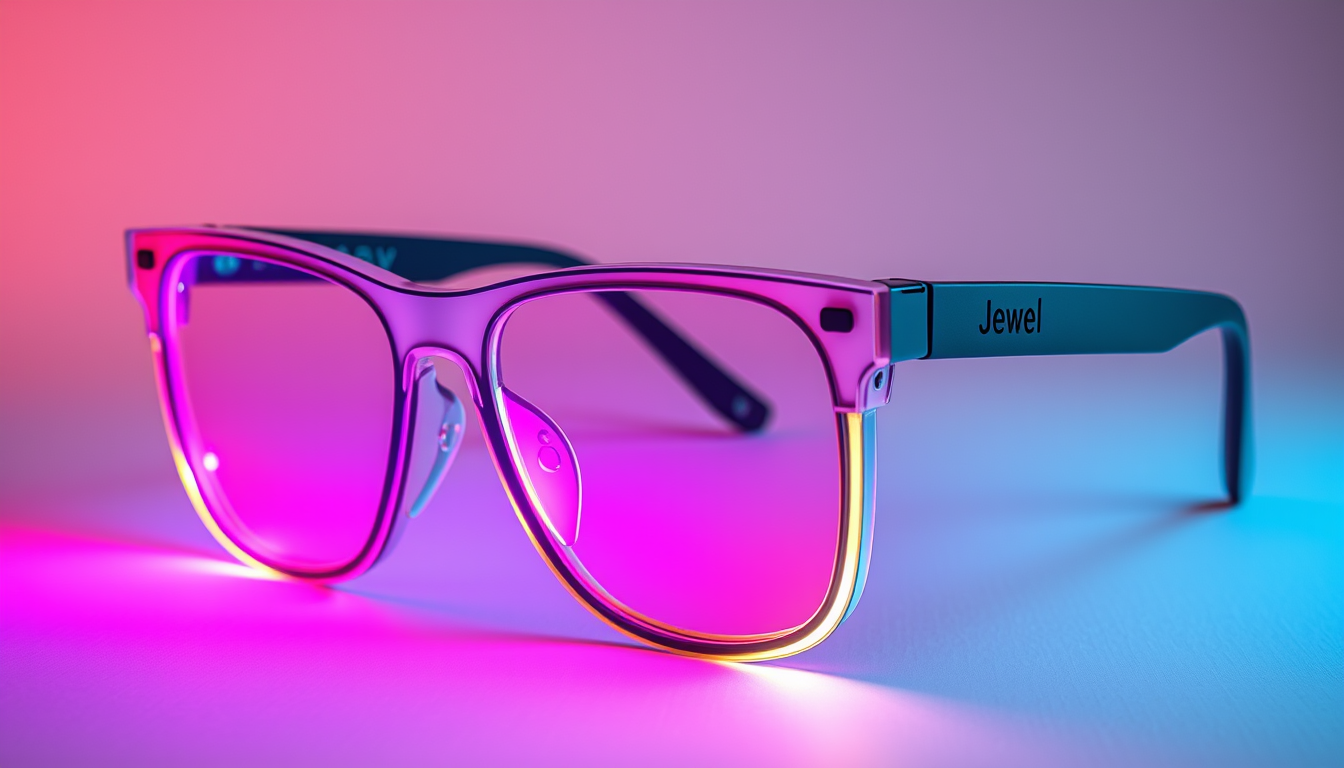 Main art studio: reading glasses, with LED light aroudn the frame and RAV on each temple arm side and tiny solar panels on temple arms. Bluetooth speaker inside temple