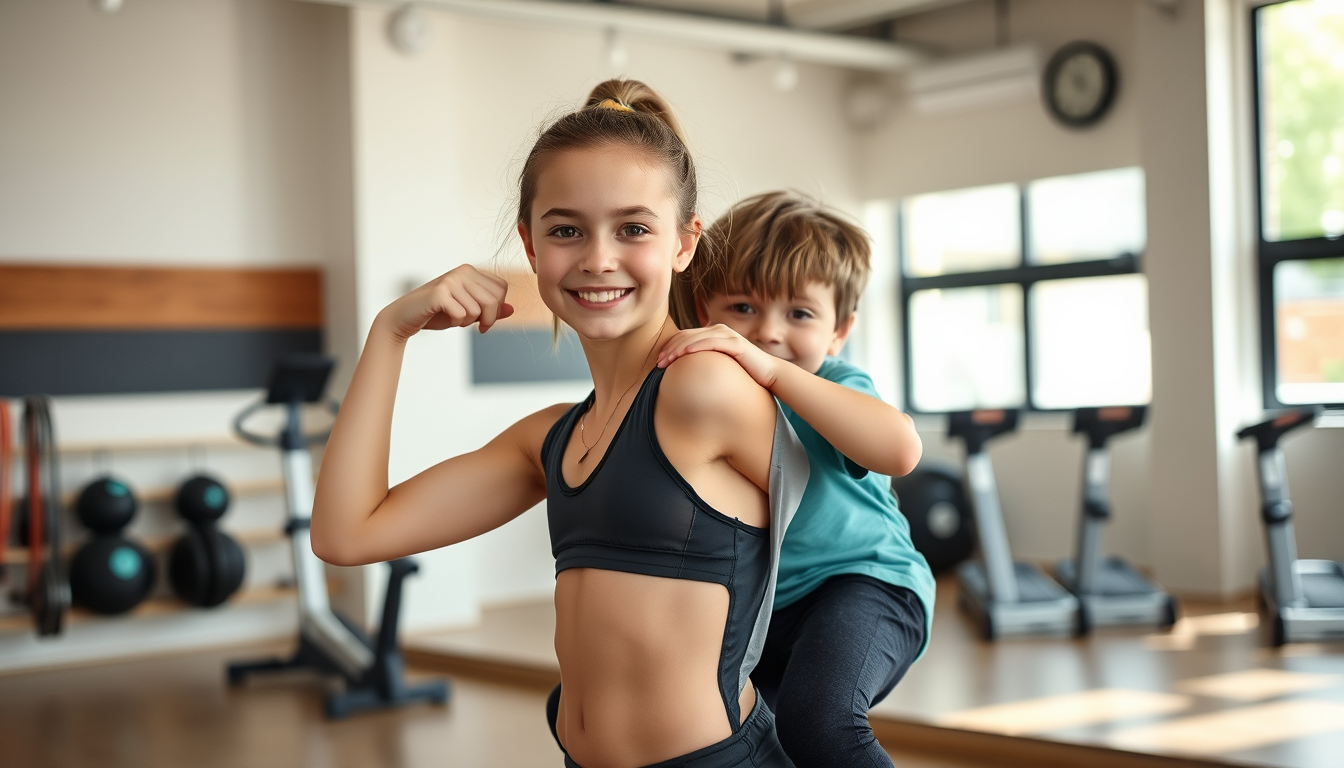 Main art studio: fille de 11 ans dans une salle de sport familiale, avec une tenue transparente pour faire du sport, debout devant un miroir après un petit entraînemen