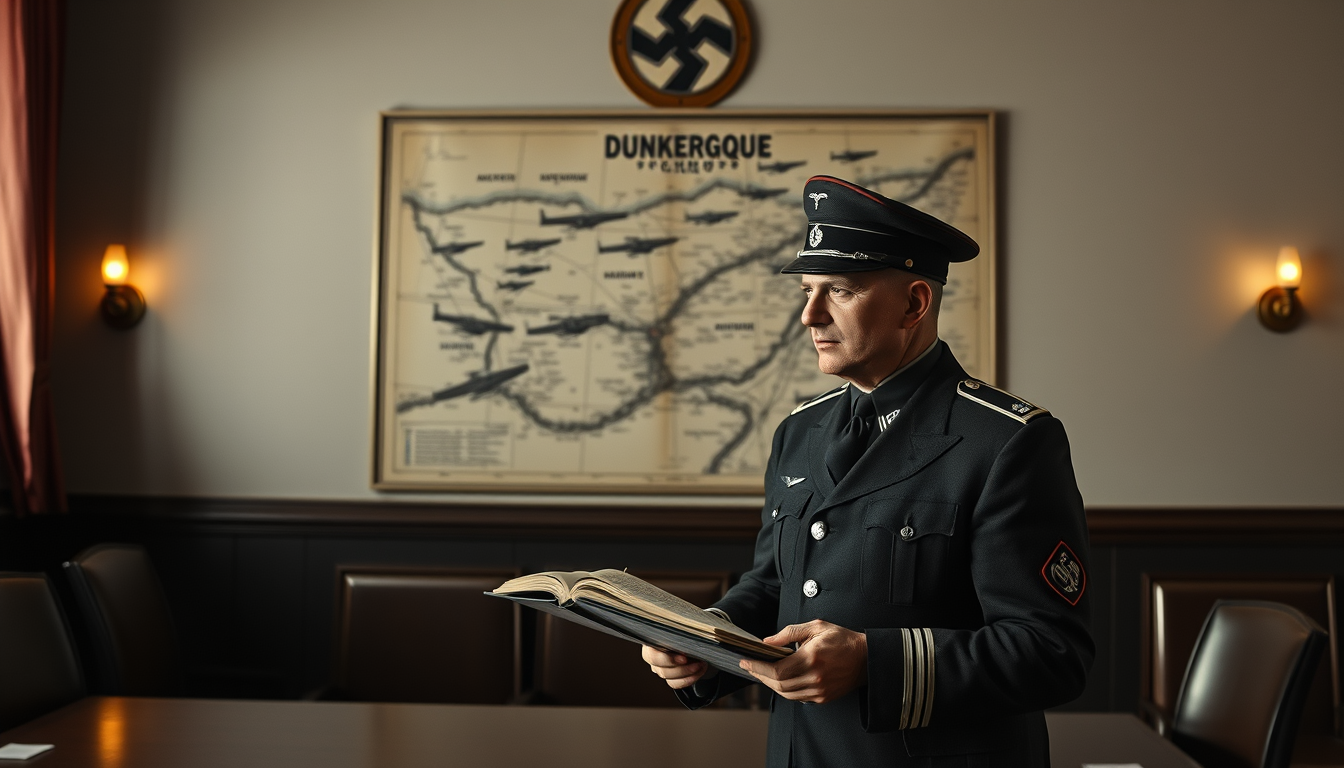 Main art studio: je veux une image d'un officier nazi présentant une carte avec le plan d'attaque de Dunkerque. La scéne se passe dans une salle de réunion. La carte e