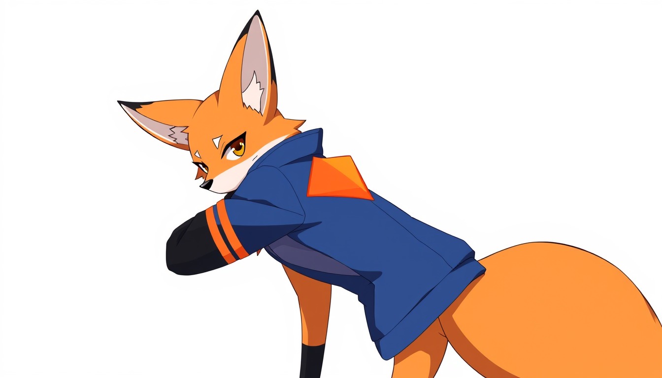 AI Art prompt example created from the prompt: Do a antropomorphic female fox wearing a blue jacket with black sleeves and orange stripes, an orange triangle on the back, and a confident