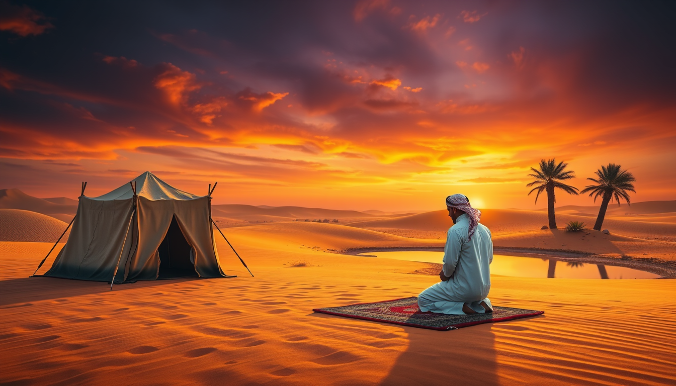 Main art studio: Prompt: A serene and peaceful desert landscape at sunset (Maghrib twilight time), showing a Muslim man in white thobe and traditional headwear perform