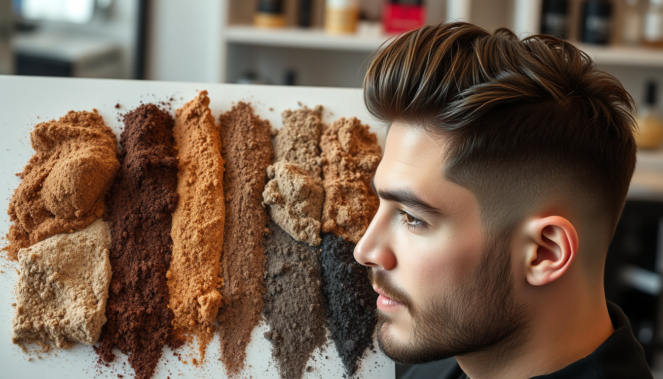 Main art studio: Photo macro réaliste de poudre fibres capillaires cosmétiques dans plusieurs nuances de brun et de noir, placées à côté d’une chevelure masculine, com