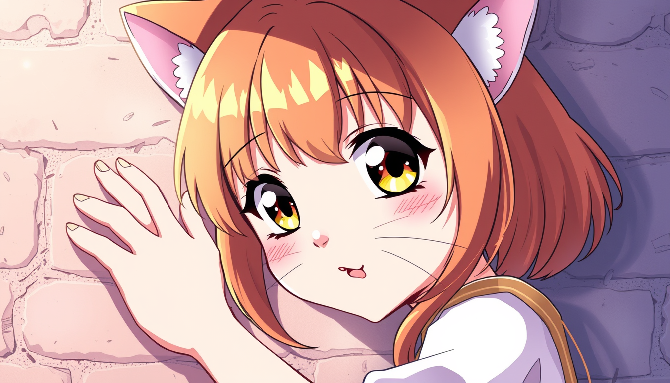 Anime idea: anime style, vibrant colors, expressive eyes, Personnage mi femme mi chat qui est accroché au mur , detailed anime illustration