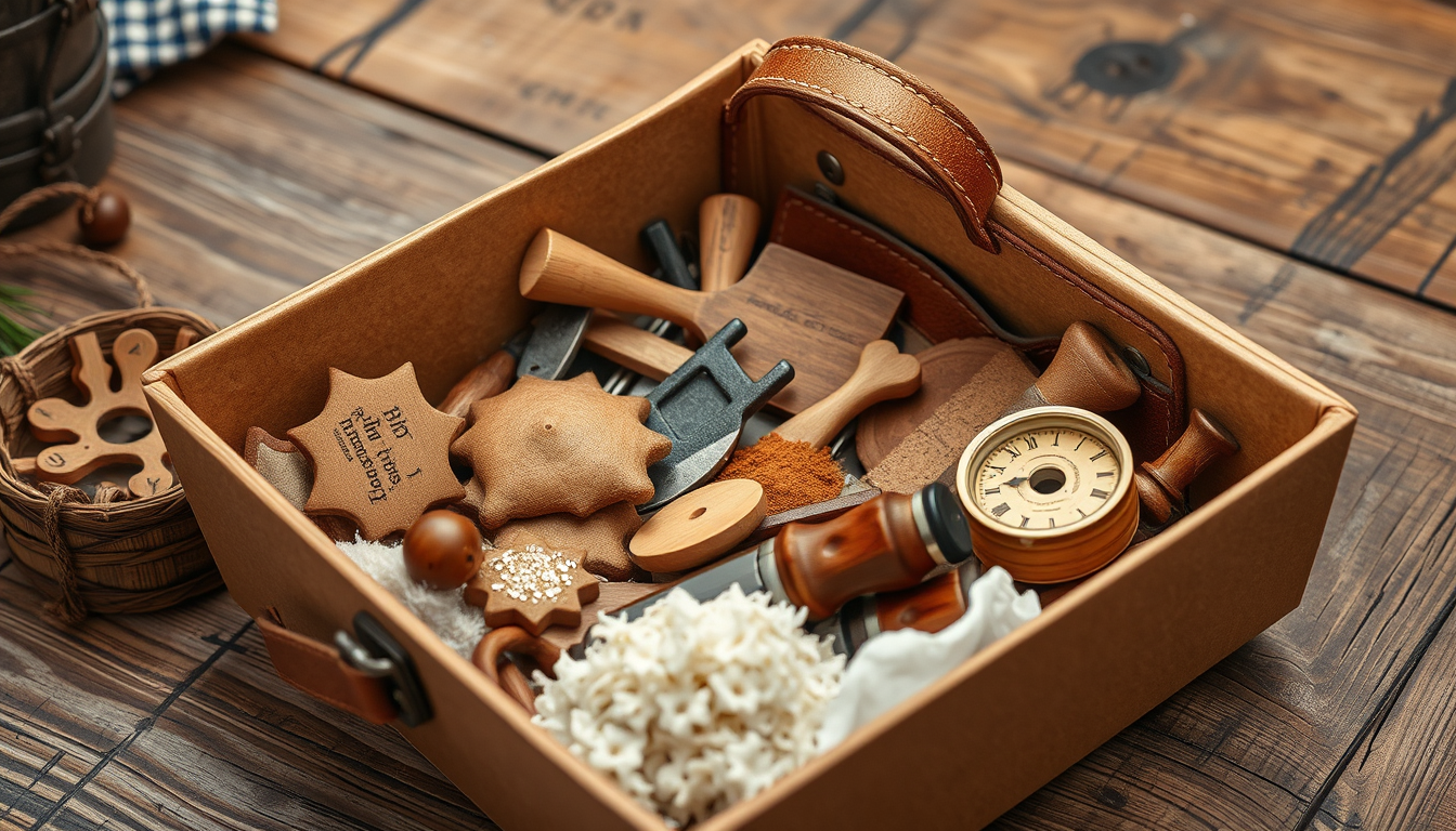 Main art studio: Erstelle ein Bild mit einem schnitz set das 500 Teile hat mit verschiedenen Übungen und einer Tasche aus Leder im Karton wo alles drauf ist was es als