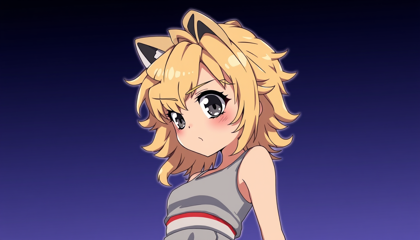 Anime idea: anime style, vibrant colors, expressive eyes, Tan dark dirty blonde curly long and wavy hair side profile side eye mad light gray tank top and shorts 