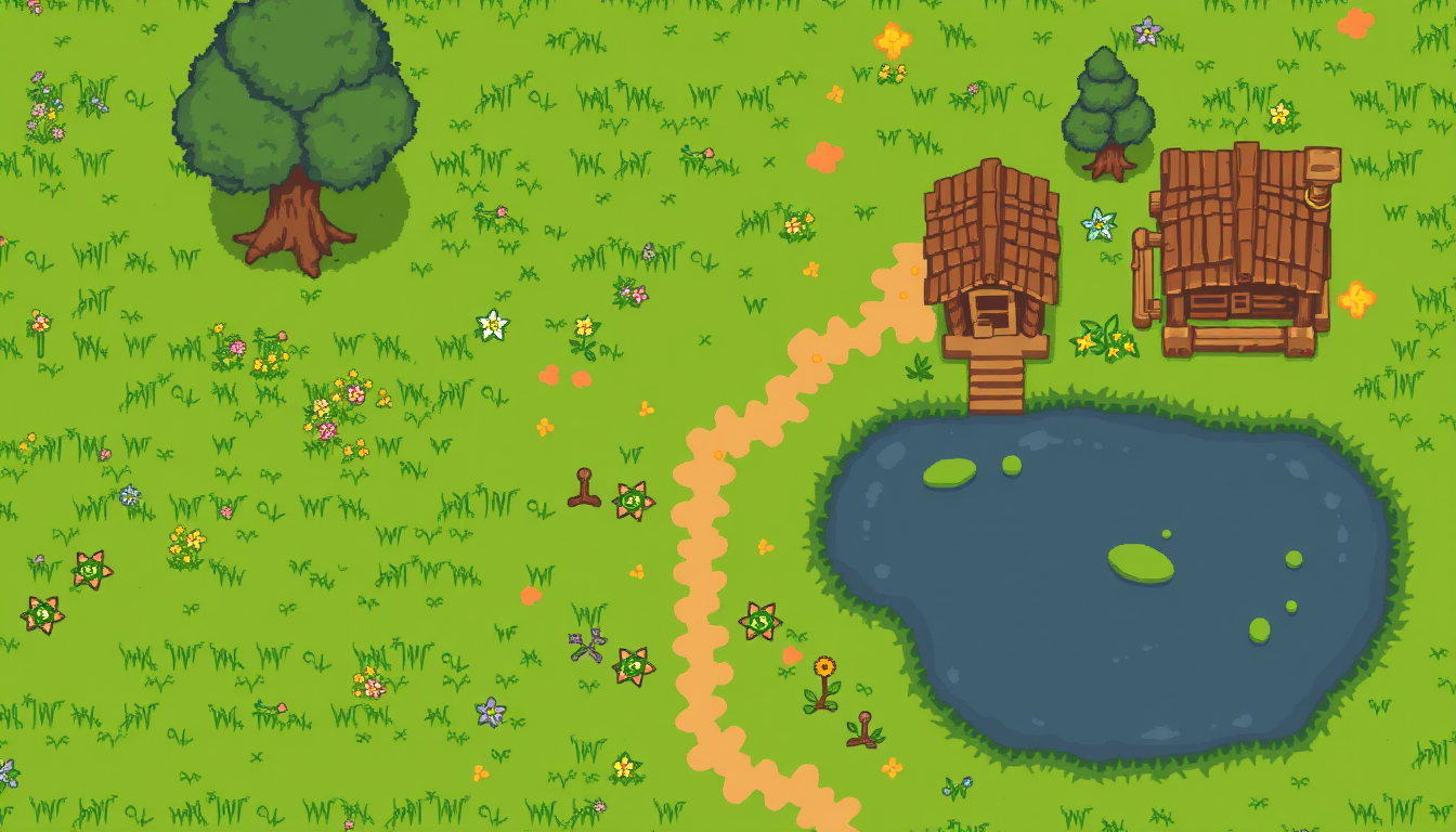AI Pixel Art idea created from the prompt: pixel art, 32x32 sprite scale, limited palette, retro 16-bit game art, Cozy 2D top-down pixel art game scene for "Moonvale". Authentic pixel