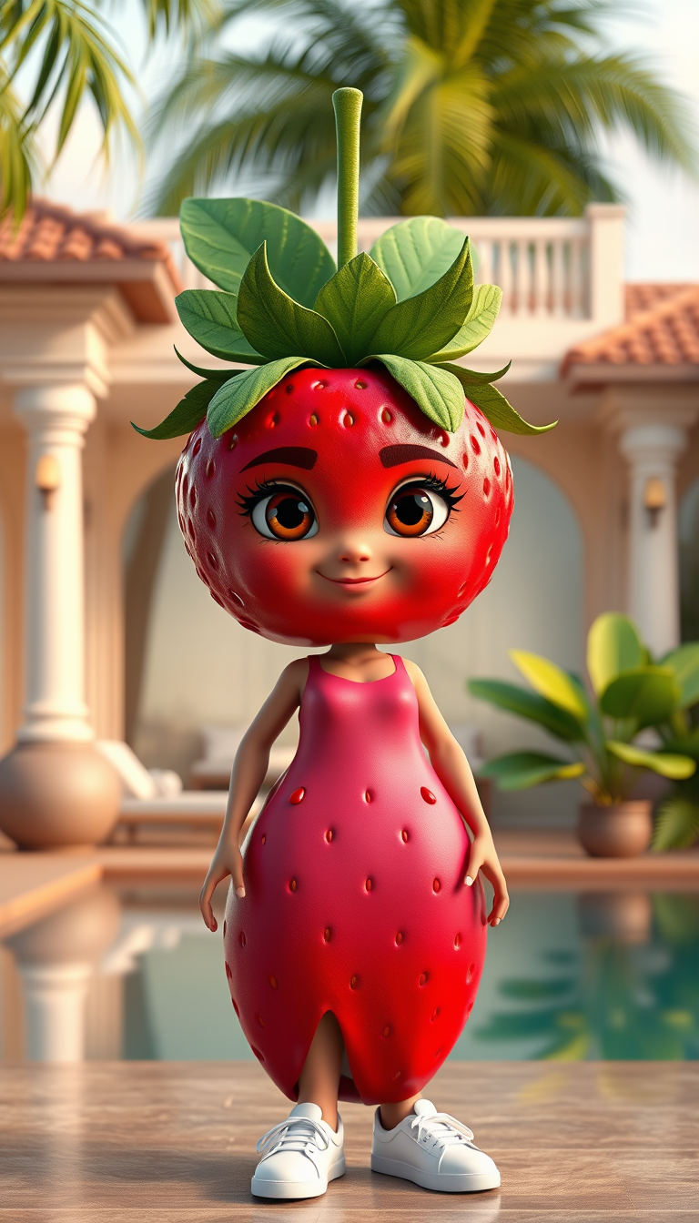 Main art studio: A cute anthropomorphic strawberry woman standing upright like a human, full body, realistic 3D animated movie style, bright red strawberry skin with t