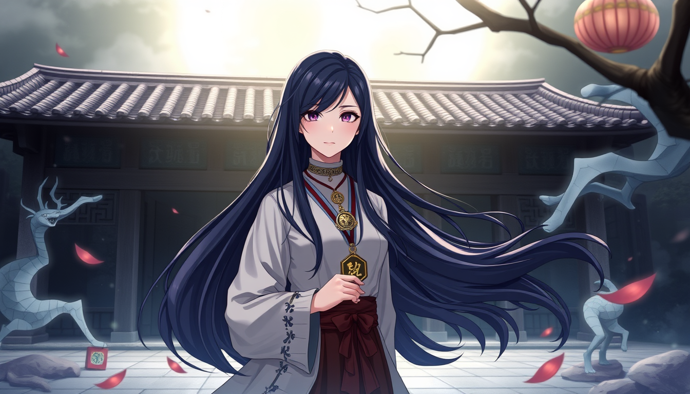 AI Art prompt example created from the prompt: [Character: Seo-yoon Han (Female, 22)] - Look: Long jet-black hair, mysterious aura, carries talismans/amulets. - Trait: Polite and calm, bu